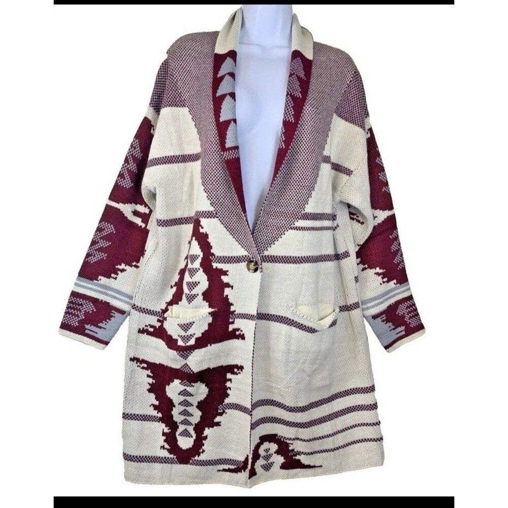 Aztec Women Size XL Cardigan Sweater Shawl Collar 1 Button Pockets